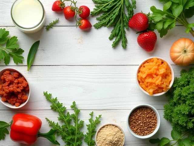 A vibrant display of gut-healthy foods like fermented vegetables, kefir, and fresh produce on a light wooden table.