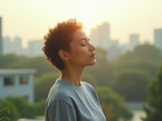 A calm individual practices deep breathing exercises outdoors, suggesting stress reduction.