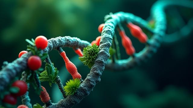 Abstract genetic code illustration with healthy food elements, symbolizing DNA-based diet