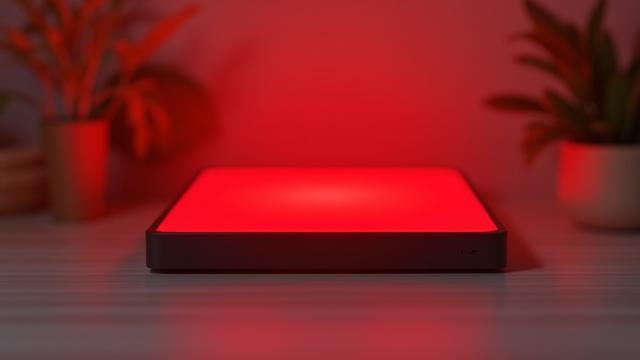 A sleek, portable red light therapy panel emitting a warm glow.